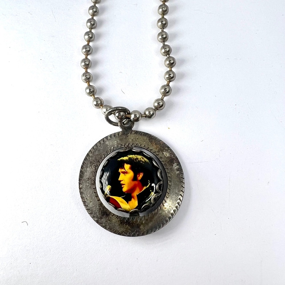 Vintage Elvis Necklace Two Sided Pendant Silver Tone Ball Chain‎ 18" Retro 50s